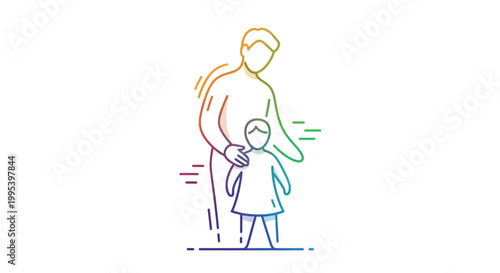 Vibrant gradient line art illustration depicting a nurturing adult figure with a child