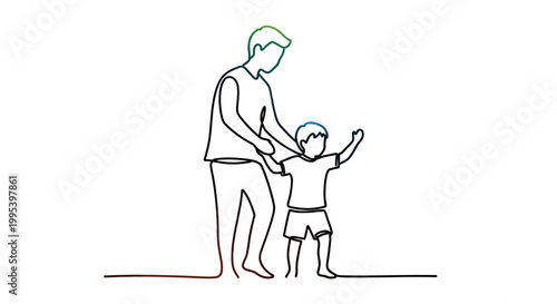 Continuous line art illustration of a parent helping their young child take first steps