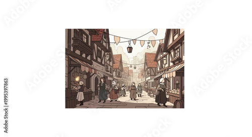 Medieval Village Street with People and Market Stalls Illustration