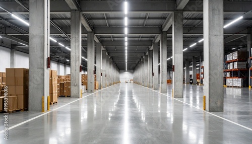 Modern warehouse interior with boxes, shelves, bright lighting, concrete floor