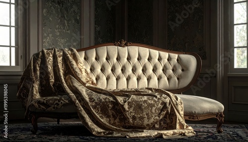 Intricately Patterned Damask Fabric Draped Over an Antique Tufted Chaise Lounge with Ornate Wood Frame