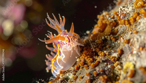 Intricate detail of a vibrant nudibranch showcasing stunning patterns and colors on a coral reef