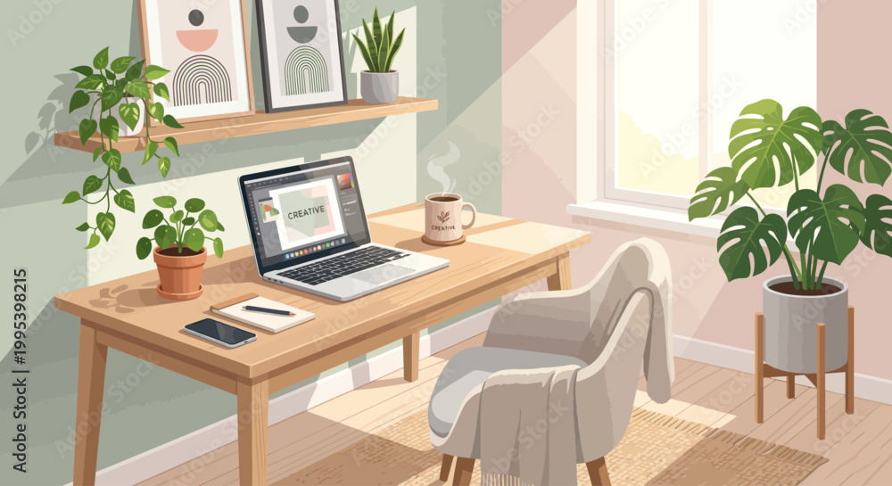 Fototapeta premium A cozy and modern home office workspace featuring a wooden desk, laptop, indoor plants, and soft natural sunlight from a window. Minimalist interior design with warm tones creates a productive 