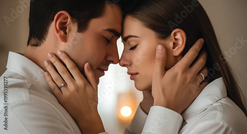 Loving Couple Touching Faces in Romantic Indoor Setting