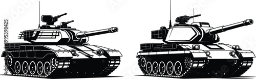 Military tanks illustration in bold black silhouette style showing armored combat vehicles and defense power