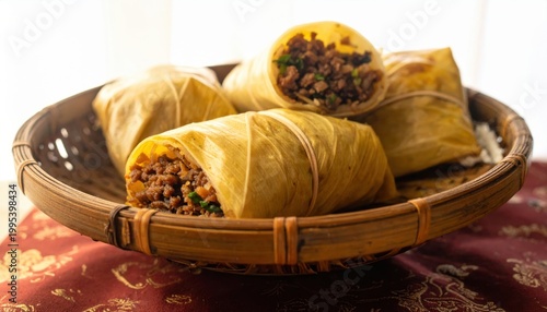 Steamed sticky rice parcels filled with savory minced beef and fragrant herbs, presented in a woven bamboo basket.