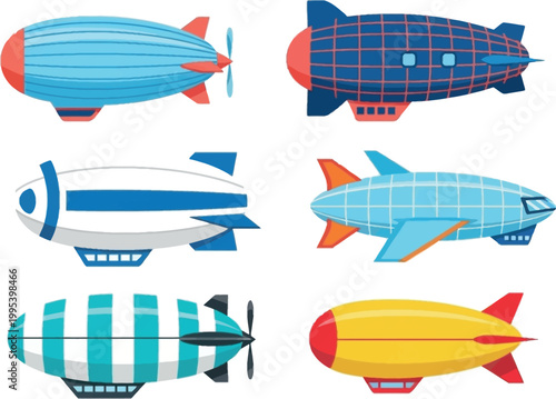 Airship and Zeppelin Icon Set with Retro Flying Balloon Designs for Aviation, Transportation, Travel and Vintage Aircraft Illustration Collection