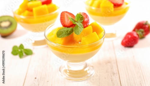Sweet Mango Pudding Dessert Served in Individual Glass Bowls Topped With Fresh Fruit and Mint