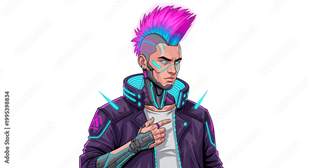 Fototapeta premium Cyberpunk Man With Pink and Blue Mohawk And Futuristic Jacket