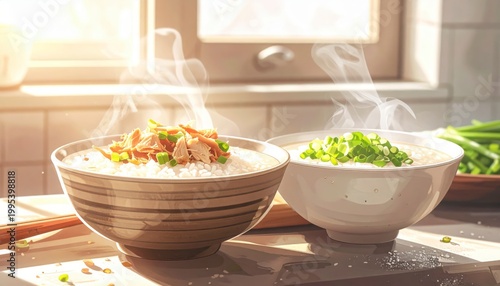 Two steaming bowls of congee, a comforting rice porridge topped with chicken and scallions, ready to be enjoyed