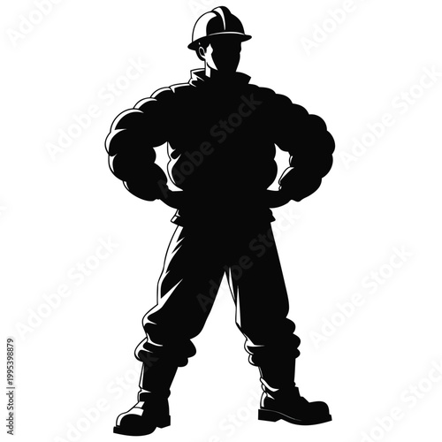 Firefighter silhouette, emergency responder icon, black uniform illustration, hero rescue vector