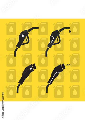 Set of black silhouette icons featuring traditional fuel pump nozzles and modern electric vehicle charging plugs against a yellow backdrop.