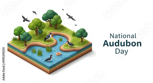 A vector illustration commemorates National Audubon Day, showcasing bird conservation awareness with an isometric view of a small forest with a winding river, trees, and several bird