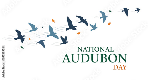 Stylish vector illustration celebrating National Audubon Day, depicting a flock of birds soaring across a clean white background, emphasizing ornithology, nature conservation, and wildlife