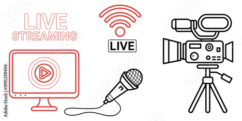 Live streaming broadcast equipment icons vector, digital broadcasting gear including camera mic mixer and encoder for content creation and live media