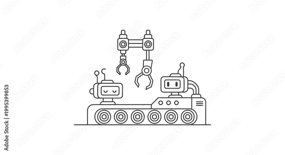 Naklejka premium Robotic factory production line illustration in minimalist line art