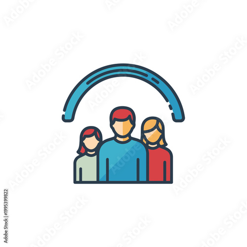 Flat vector icon of people under a protective shield for insurance
