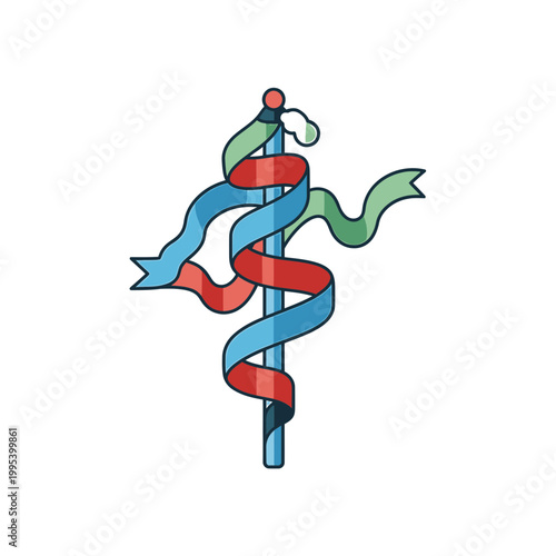 Colorful ribbons winding around a central staff illustration
