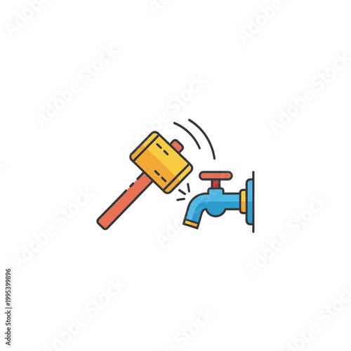 Mallet hitting a water tap vector illustration plumbing concept