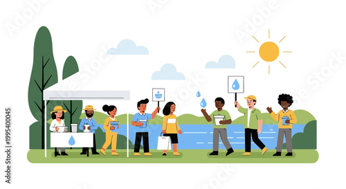 Diverse volunteers participating in water conservation event illustration