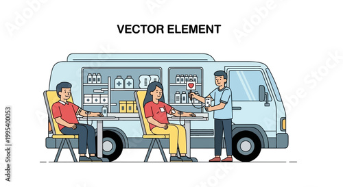Volunteers donating blood in a mobile medical van illustration
