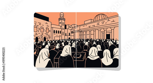 Muslim crowd gathering for prayer at mosque vector illustration