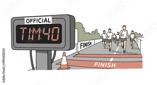 Marathon runners approaching finish line with digital race timer