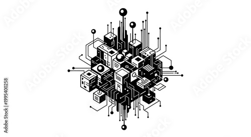 Black and white 3D circuit board.