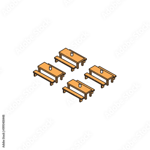 Isometric vector illustration of outdoor wooden picnic tables