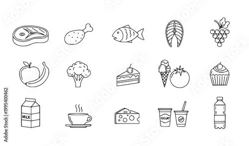 Restaurant Food Line Icons Set – Modern Culinary Outline Vector with Fruits, Vegetables, Meat and Drinks