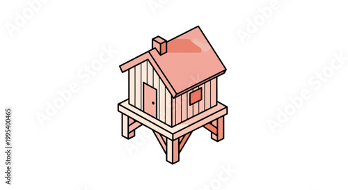 Isometric wooden stilt house vector illustration
