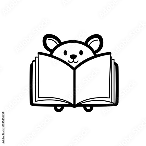 Minimalist cute animal reading open book line art vector