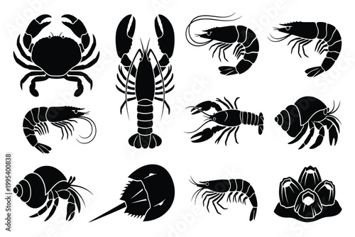 Collection of seafood icons including crab, lobster, shrimp, and horseshoe crab isolated on transparent background