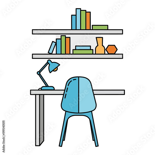 A blue chair at a desk.