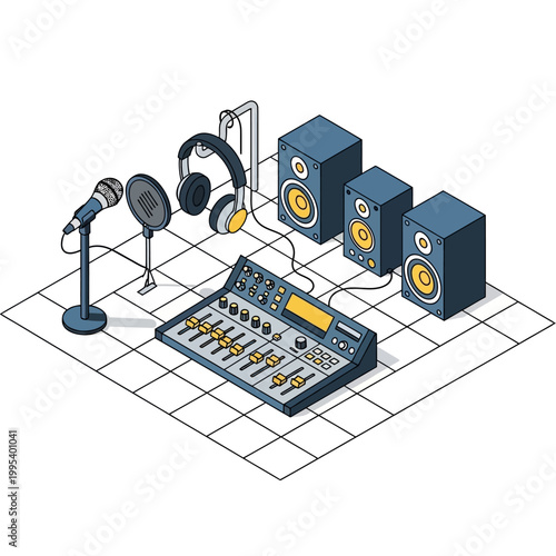 Sound mixer with microphone and speakers.