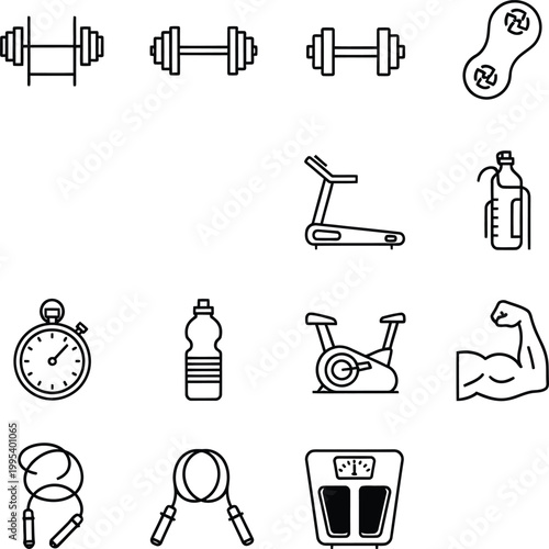 Fitness Icons Including Dumbbells, Exercise Bike, Stopwatch