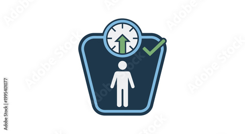 Blue bathroom weighing scale vector, stylized person symbol with upward arrow and checkmark for weight tracking and fitness progress concept