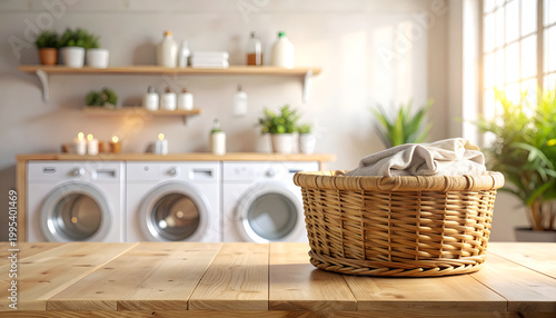 Cozy Laundry Room with Washing Machines and Basket of Clothes.