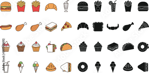 Fast food icon set with filled and silhouette styles, including burger, fries, pizza, desserts and drinks, modern vector collection for menu and restaurant design