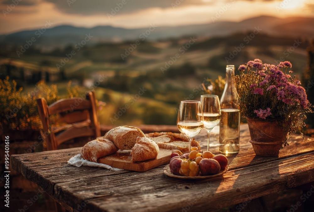 Fototapeta premium Rustic Table Setting With Wine And Pastries Overlooking Tuscan Hills At Sunset Golden Hour