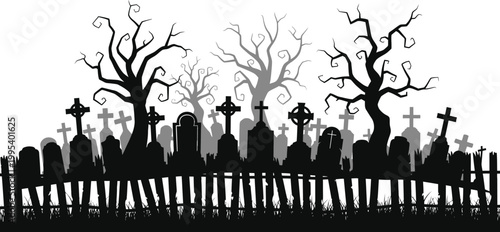 Graveyard Silhouette with Bare Trees and Fence on White