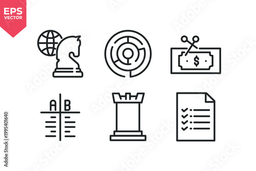 Set of line icons related to business, target, strategy, strategic, swot analysis. Editable stroke. Vector illustration