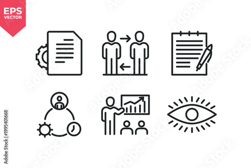 Set of line icons related to business, strategy, planning, vision, task, partner, teamwork, workflow. Editable stroke. Vector illustration