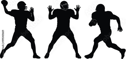 American football player silhouettes, quarterback throwing, defensive blocking, running back rushing, dynamic sport action vector illustration design