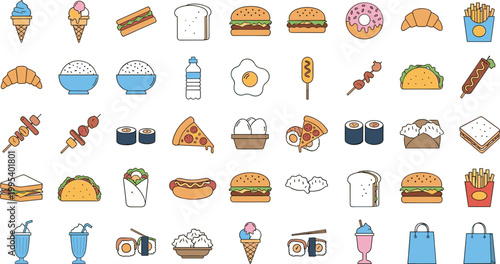 Large fast food and meal icon collection with burgers, pizza, sushi, drinks, desserts and snacks, colorful flat vector set for menu and restaurant design