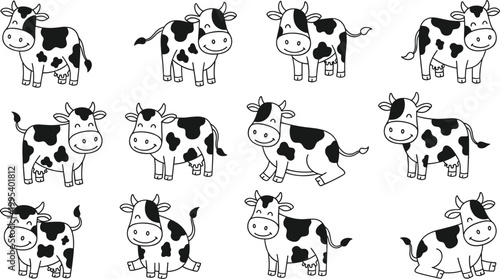 Cartoon cow vector illustration, cute farm animal artwork, black and white spotted cows, standing and sitting poses, playful livestock design