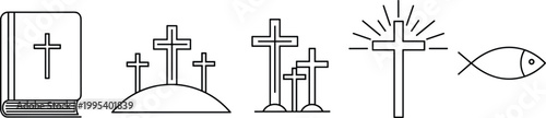 Christian religious icons, Bible cross, Calvary crucifixion, resurrection light, Ichthys fish symbol, faith spirituality illustration design collection