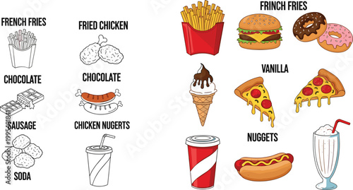 Fast food icons with labels in outline and flat style, including fries, burger, pizza, donut, soda, nuggets, fried chicken and desserts vector set