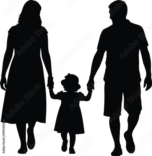 Family silhouette vector illustration, parents holding child artwork, togetherness connection design element, guardianship motif concept, unity relationship graphic
