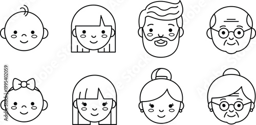   
Generational family face vector illustration, baby child adult elderly portrait artwork icons for life stage graphics